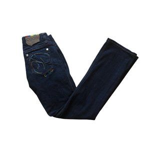Coogi Jeans Colorful Embroidered Rainbow Straight Leg Dark Wash Denim 7/8 (30x31